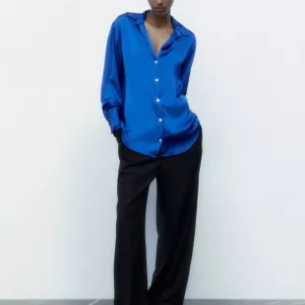Zara Royal blue satin effect blouse NWOT